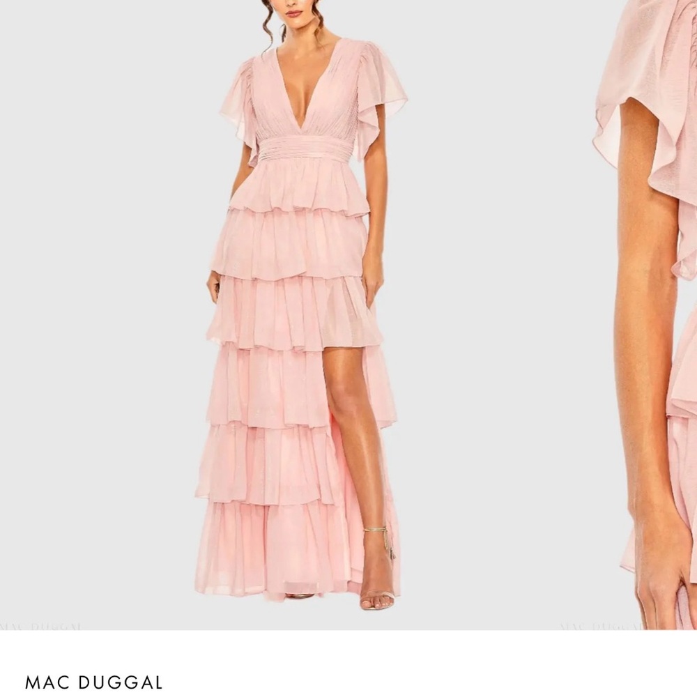 Mac Duggal Blush Layered Dress Pink Flutter Sleeve Ruffle Tiered Evening Gown